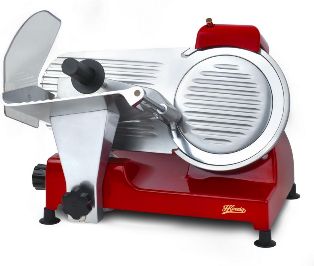 Trancheuse à viande électrique H.Koenig MSX254, Charcuterie, Professionnelle, Précise, Coupe 0-12 mm, Lame 25 cm, Aiguiseur intégré, Grand plateau, 282 tr/min, Rouge