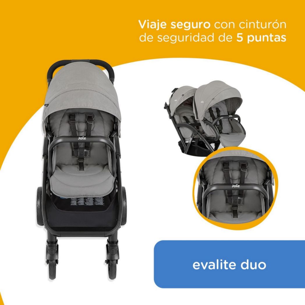 Joie - Evalite™ Duo - Poussette double - Siège arrière inclinable - Pliage facile et compact - Compatible siège auto - Suspension 4 roues - Harnais SoftTouch 5 points - Convient dès la naissance