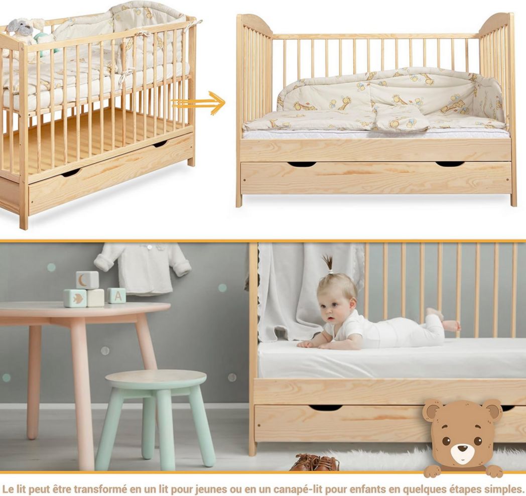 Lit bébé moto-MOLTICO 60x120 cm avec tiroir – Lit en bois réglable en hauteur, transformable en lit enfant avec barrières de sécurité – Lit bébé pour filles et garçons