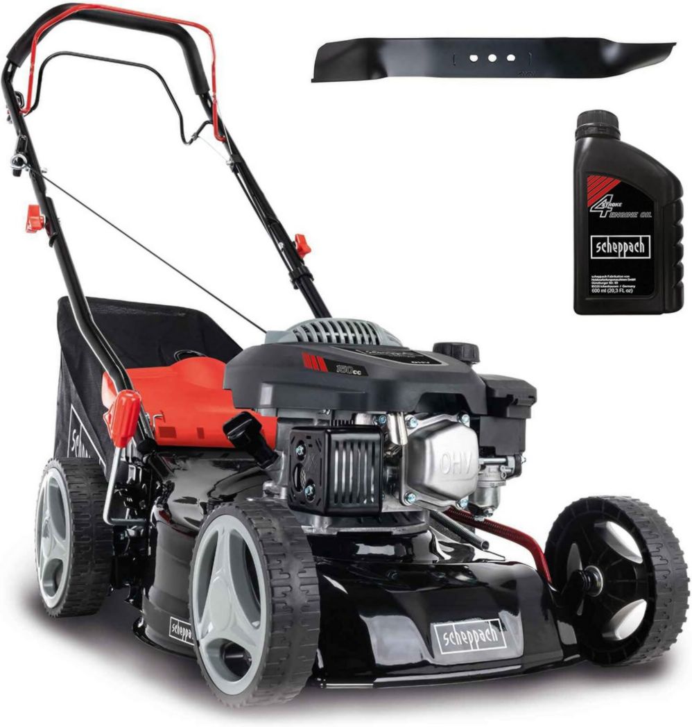 Tondeuse à gazon thermique Scheppach MS150-42 | Autotractée - 3,7 CV | Largeur de coupe 42 cm | Système de nettoyage à connexion rapide | Panier de 45 L | Hauteur - 7 niveaux | Lame supplémentaire et huile incluses