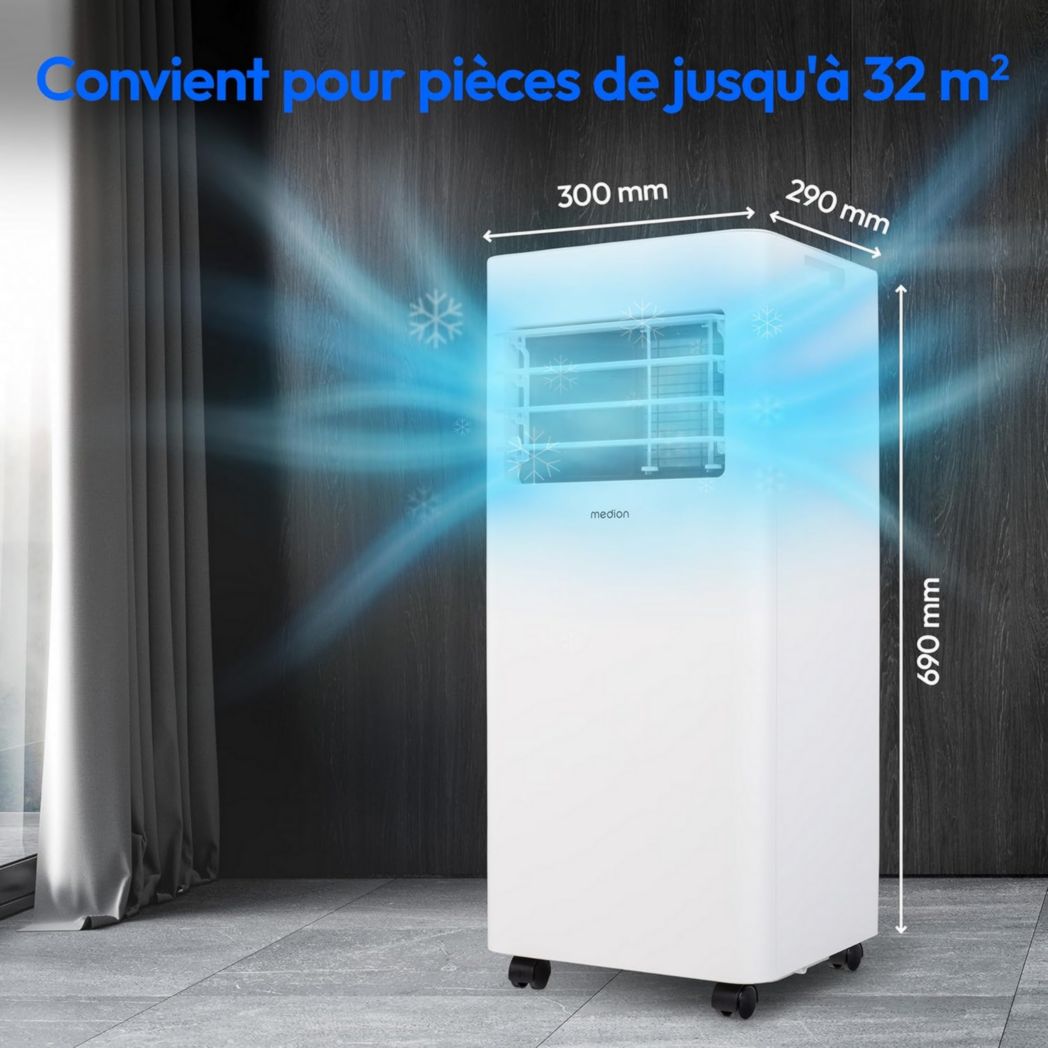 Climatiseur mobile intelligent MEDION P1002 (10 000 BTU, 3 en 1, refroidissement, déshumidification, ventilation, jusqu'à 34 m², kit de joint de fenêtre, mode veille, contrôle Wi-Fi, télécommande, écran, MD 37733)