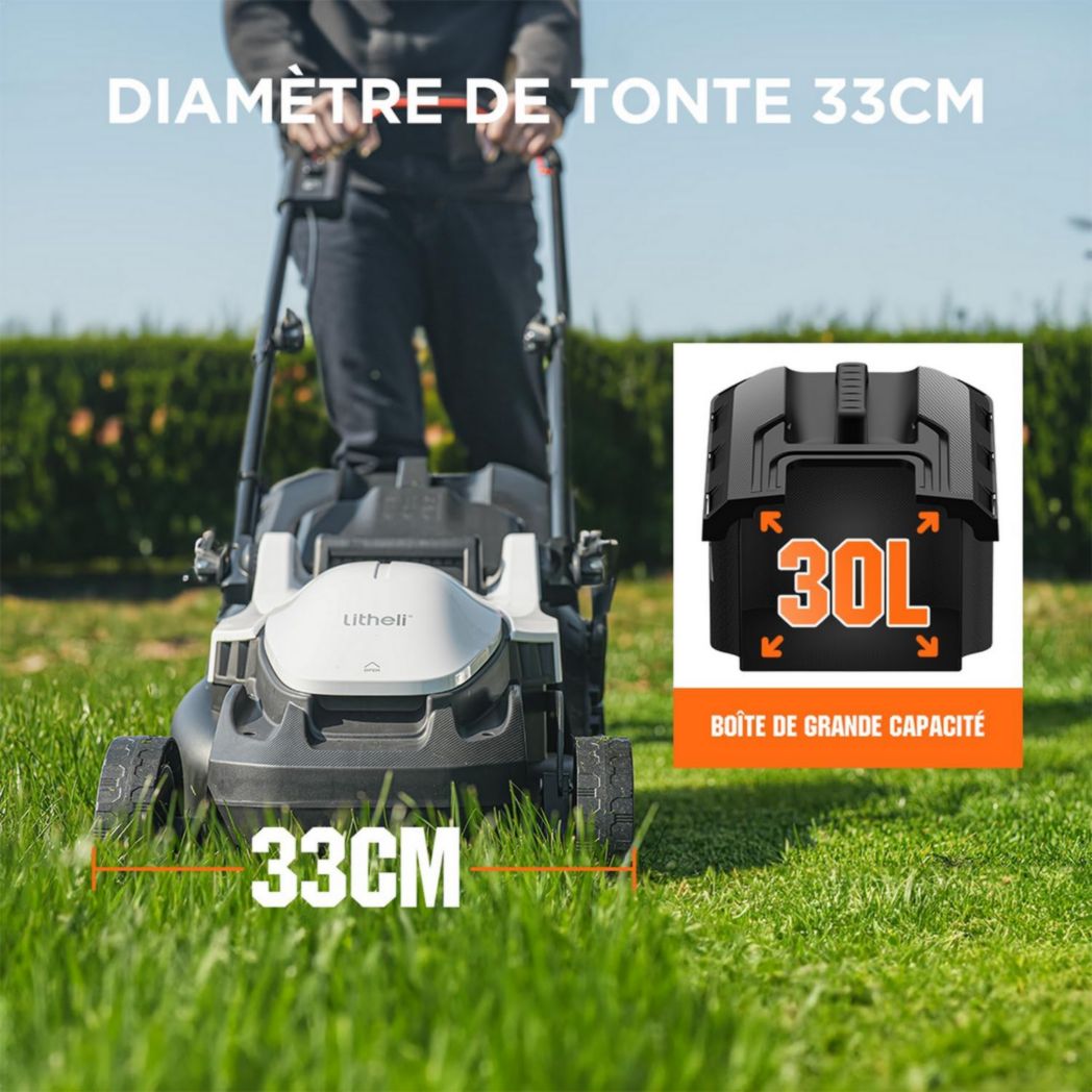 Tondeuse à gazon sans fil Litheli 33 cm, 1 batterie 20 V 4 Ah, hauteur réglable 25-65 mm, bac de ramassage 30 L, pour pelouses jusqu'à 200 m² (jardins et petits espaces)
