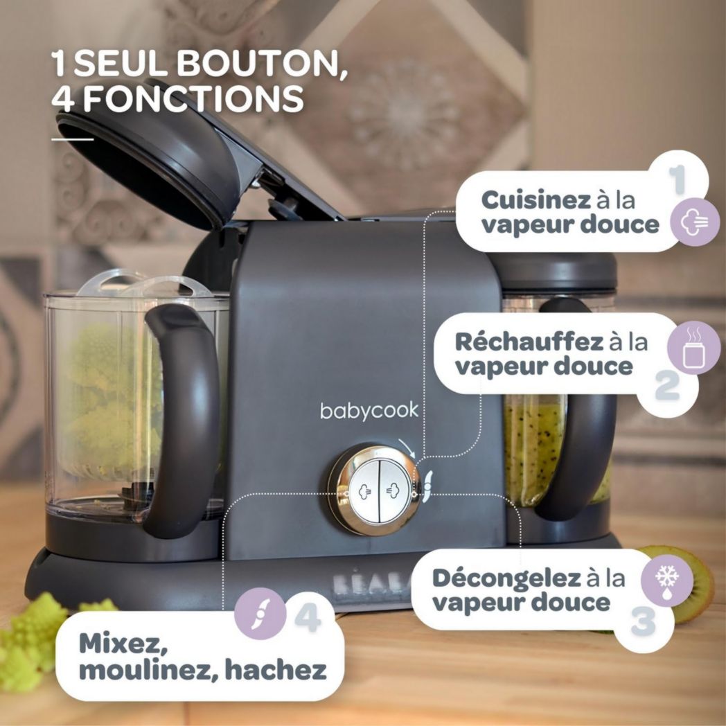 BÉABA, Robot Cuiseur Bébé 4 en 1 Babycook Duo, Mixeur-Cuiseur, Cuisson Vapeur Rapide 15 minutes, Diversification des Aliments, Petits Pots Bébé Maison, Capacité XXL 2200 ml, Noir