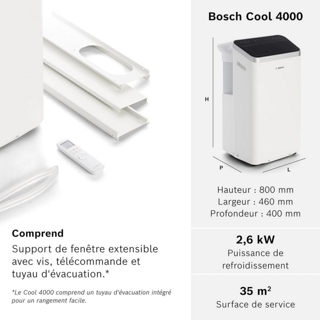 Climatiseur portable Bosch Cool 2000 - 3 en 1 : climatiseur, déshumidificateur, ventilateur - 2,6 kW PAC pour pièces jusqu'à 35 m² - Avec modes automatique, silencieux et veille