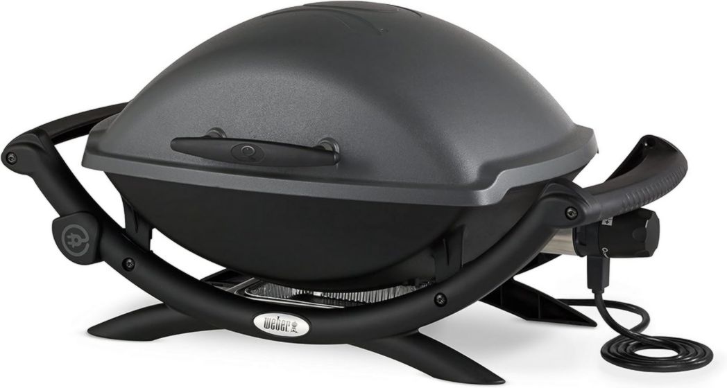 Barbecue électrique Weber Q2400 avec support et tablettes latérales, surface de cuisson 54 x 39 cm, grille en fonte émaillée (2 parties), couvercle et cuve en fonte d'aluminium - Gris foncé (55020053)