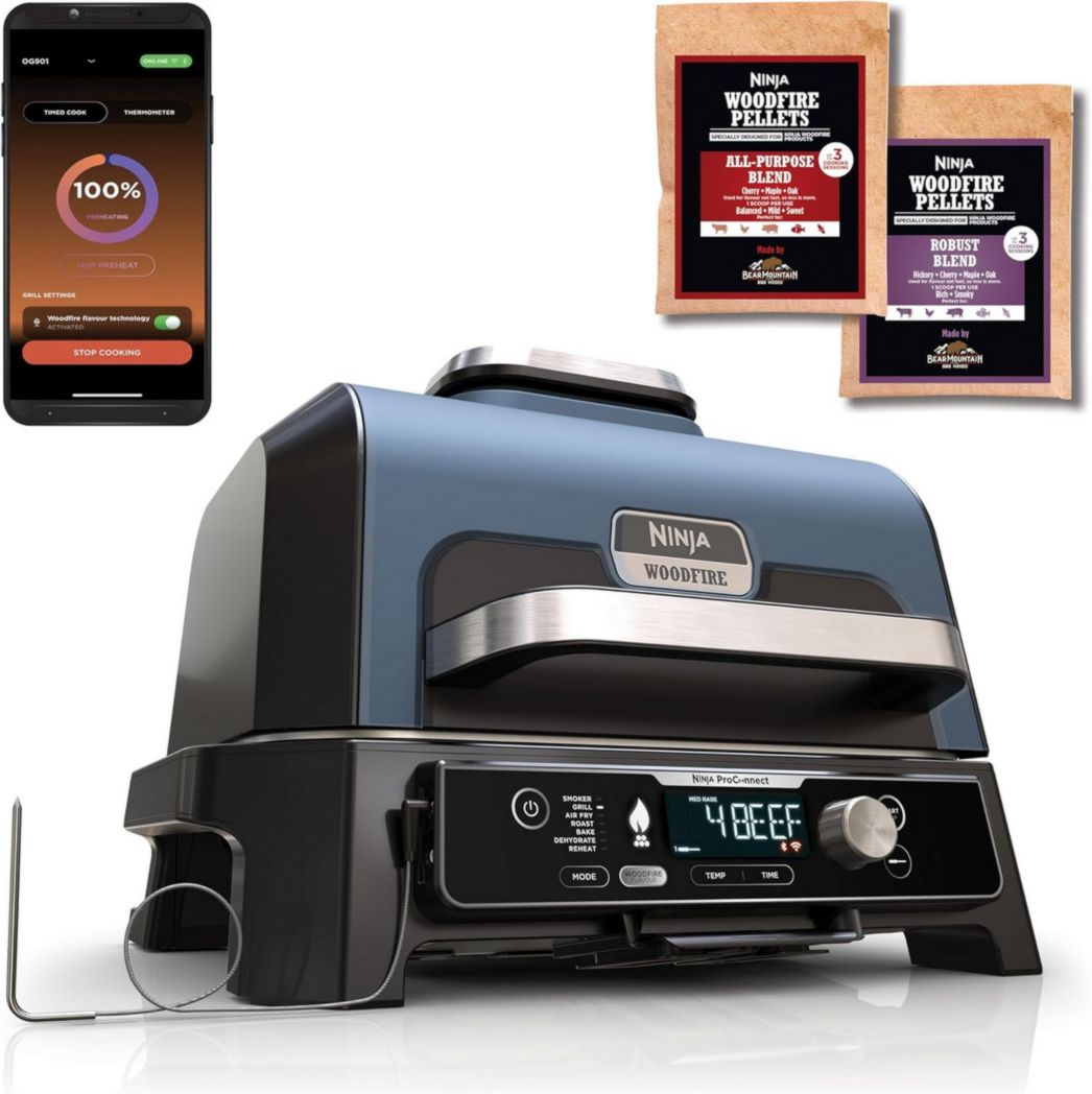 Barbecue et fumoir électrique Ninja Woodfire Pro XL avec thermomètre, barbecue d'extérieur 4 en 1 et friteuse à air avec système de cuisson intelligent et granulés de bois, portable, gris/noir, OG850EU