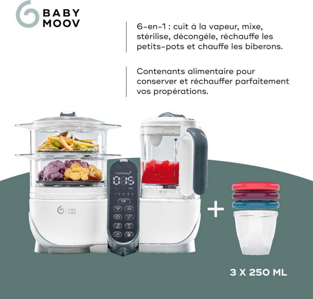 Babymoov Nutribaby(+), Robot cuiseur multifonction 6 en 1 pour bébé, cuiseur vapeur, grande capacité 2,2 L, petits pots maison, idéal pour diversifier les repas, vert opale