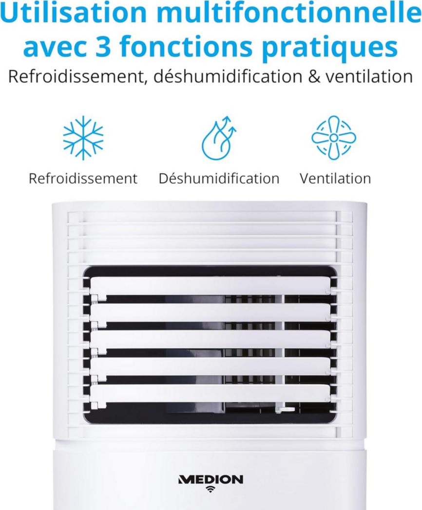 Climatiseur mobile intelligent MEDION P1002 (10 000 BTU, 3 en 1, refroidissement, déshumidification, ventilation, jusqu'à 34 m², kit de joint de fenêtre, mode veille, contrôle Wi-Fi, télécommande, écran, MD 37733)