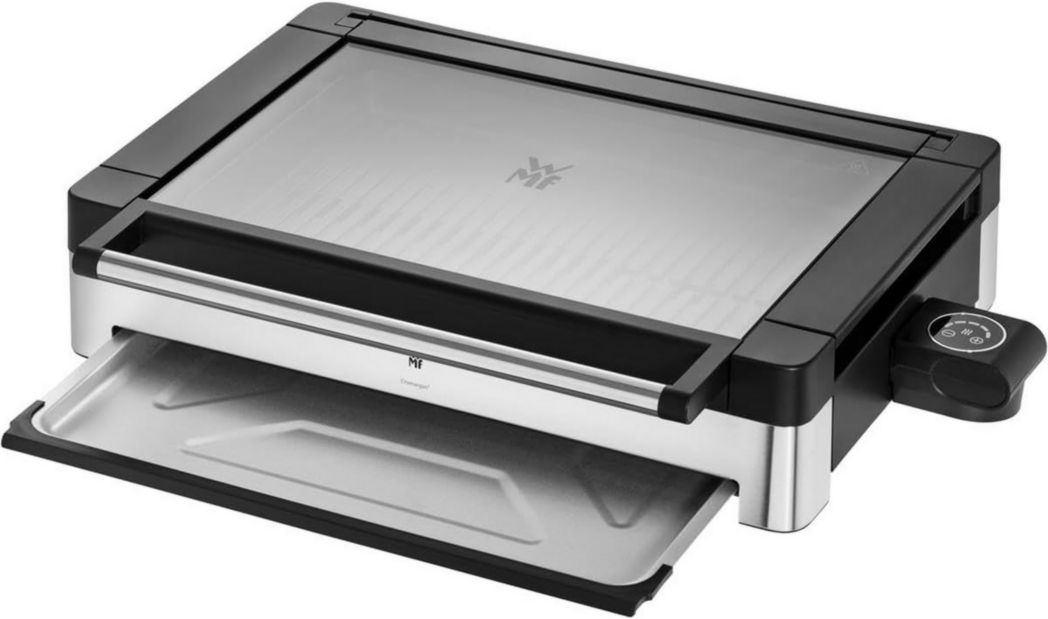 Barbecue électrique de table WMF Lono, acier inoxydable mat, avec couvercle en verre, 2 200 W, plaque de cuisson revêtue
