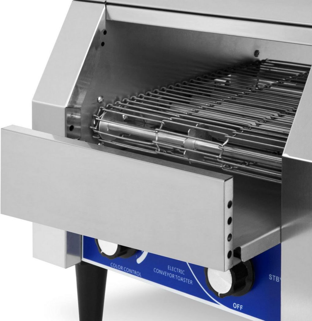 Grille-pain convoyeur professionnel VERTES en acier inoxydable (1940 W, 230 V, pour pains grillés et hamburgers, 1 rampe d'insertion, 2 rampes de sortie, 7 niveaux de vitesse, plateau ramasse-miettes)