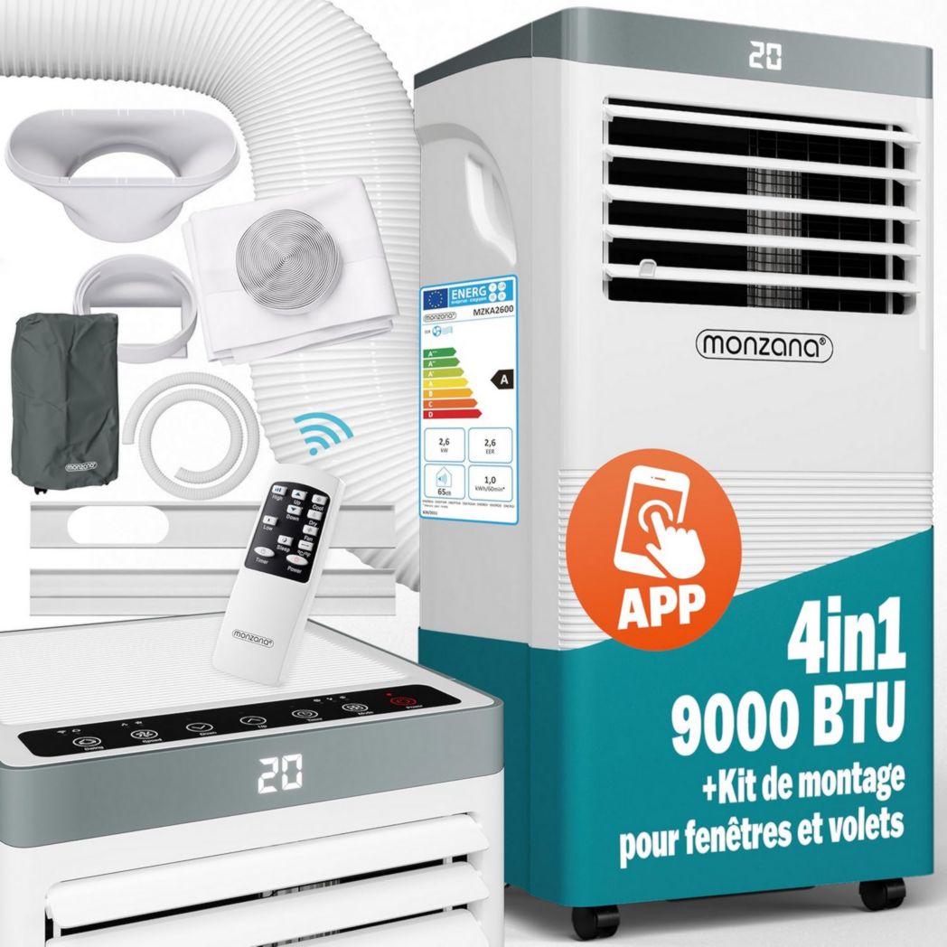Climatiseur portable 4 en 1 Monzana® MZKA1000, refroidisseur d'air, 9 000 BTU/h, déshumidificateur, ventilateur, application Wi-Fi Alexa
