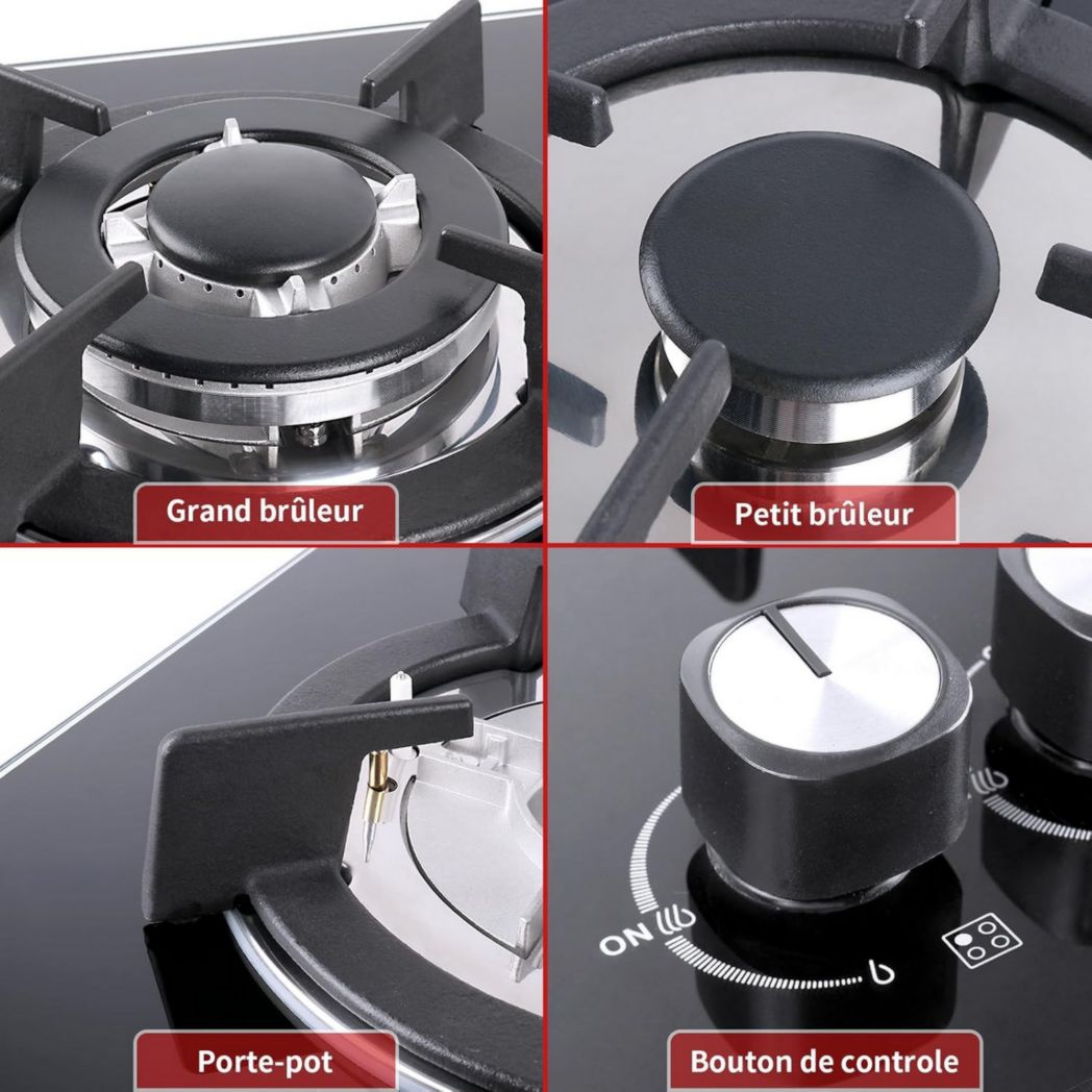 Plaque de cuisson à gaz 4 feux, plaque de cuisson 60 cm - Cuisinière encastrable - Gaz de ville et gaz en bouteille (4 feux - Verre)