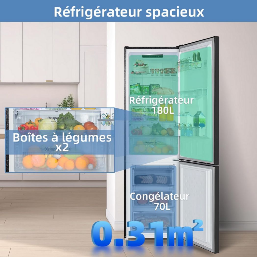Réfrigérateur congélateur inférieur CHIQ CBM159LEBD 157 litres (109 + 48) Low Frost, faible bruit, refroidissement rapide, faible encombrement