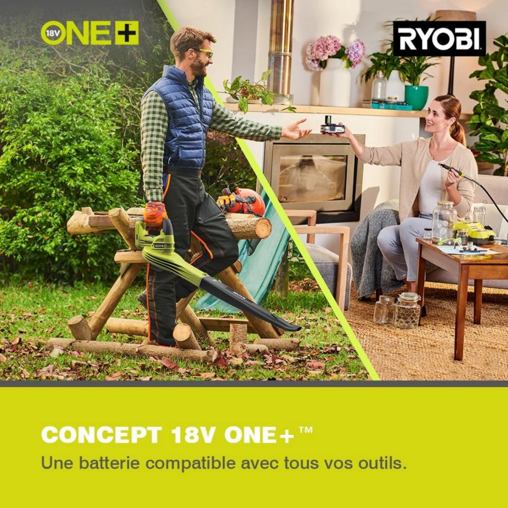 RYOBI - Souffleur aspirateur broyeur sans fil 18 volts ONE+, sans balais - 201 km/h (livré sans batterie) - OBV18