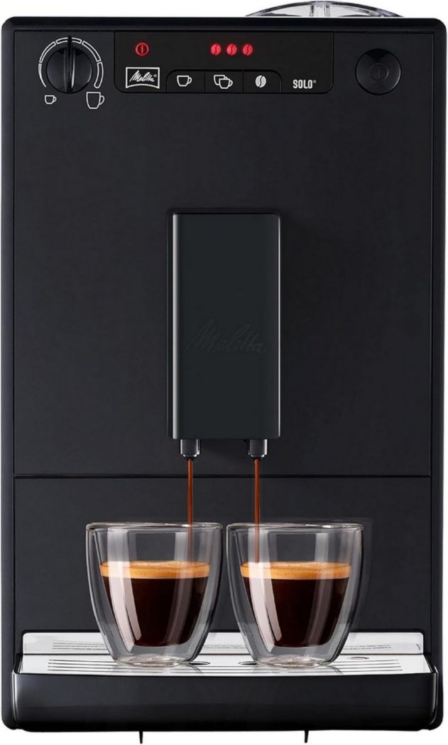 Melitta Caffeo Solo Noir Pure Black, Machine à café à grains avec broyeur et système d'extraction d'arômes, écran LED, mode 1 à 2 tasses, machine à expresso, automatique, E950-222, 1400 W