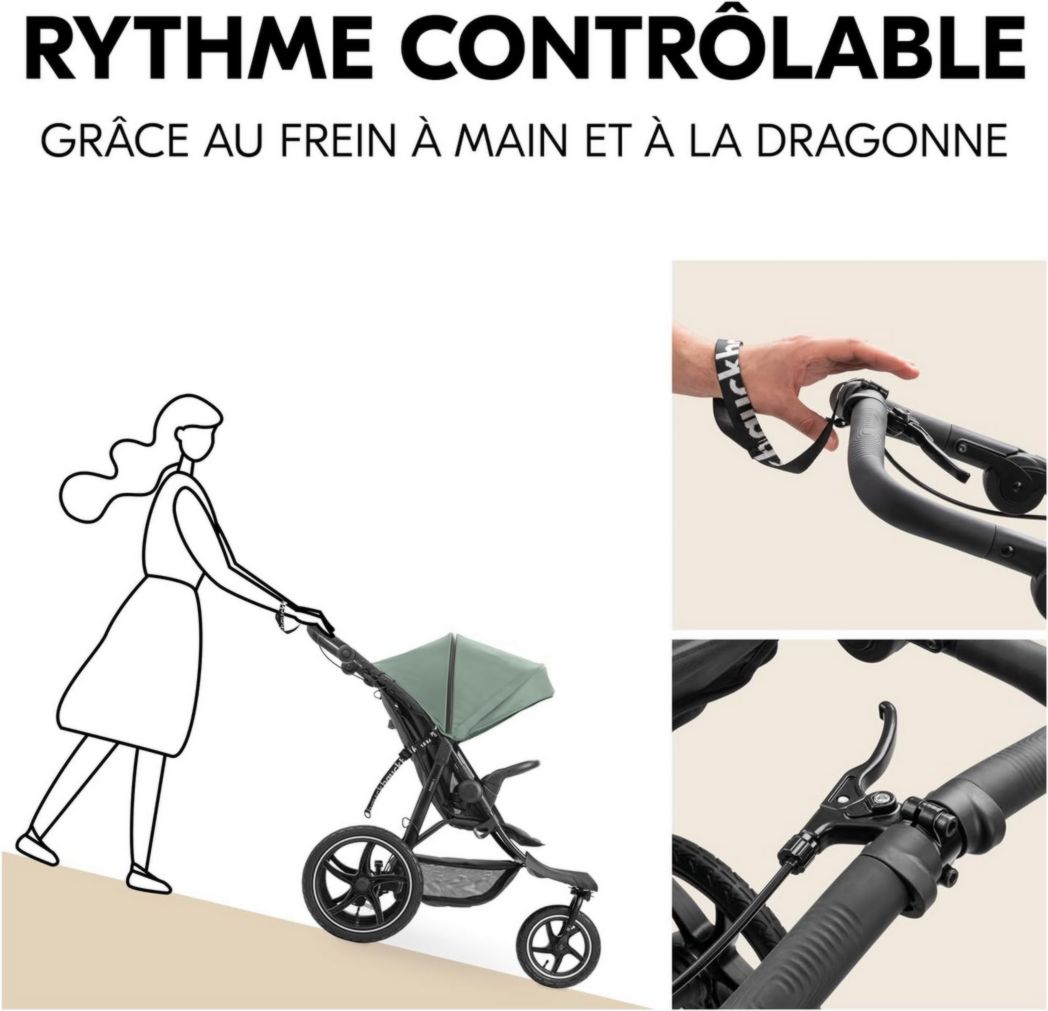 Poussette 3 roues Hauck Runner 3, tout-terrain, roues gonflables XL, jusqu'à 22 kg, frein à main, suspension, capote UPF 50+, pliable, panier, position allongée, porte-gobelet (vert jungle)