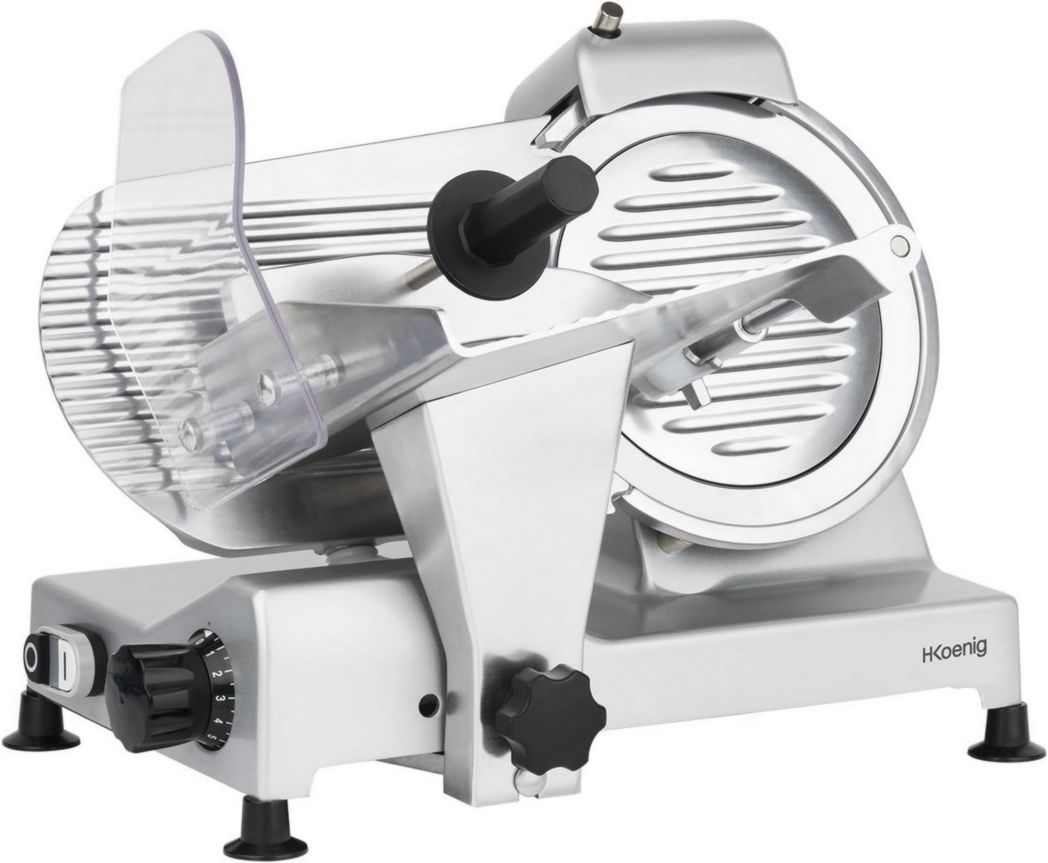 Trancheuse à viande électrique H.Koenig MSX254, Charcuterie, Professionnelle, Précise, Coupe 0-12 mm, Lame 25 cm, Aiguiseur intégré, Grand plateau, 282 tr/min, Rouge