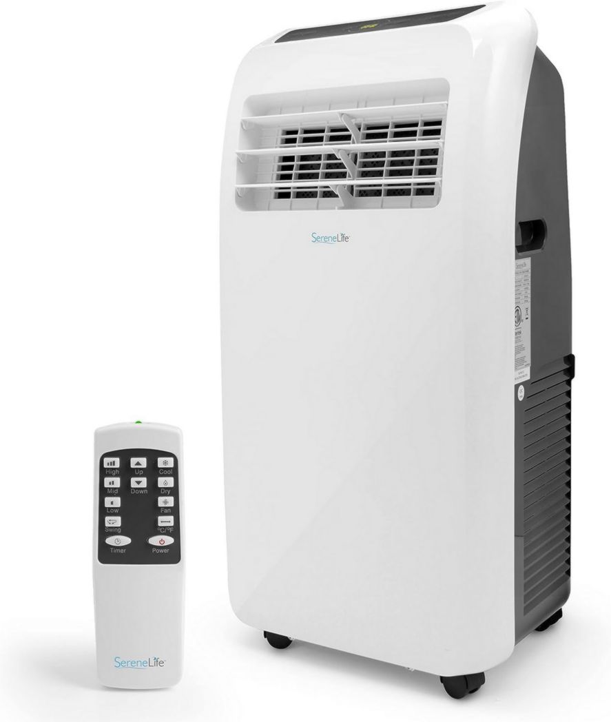 Climatiseur portatif silencieux SereneLife, 9 000 BTU, 3 en 1, avec déshumidificateur intégré, mode ventilateur, télécommande, kit d'extraction complet pour fenêtre, blanc