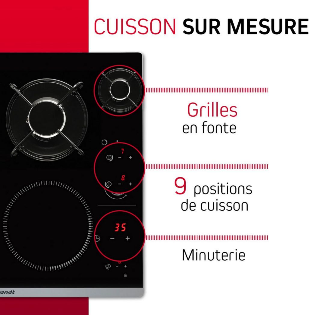 Brandt - BPI6413BM - Plaque de cuisson induction et gaz - Noir - 4 feux - 3400 W électrique et 4600 gaz - Dimensions encastrables : 56 x 49 cm - 9 positions par foyer - Fabriqué en France