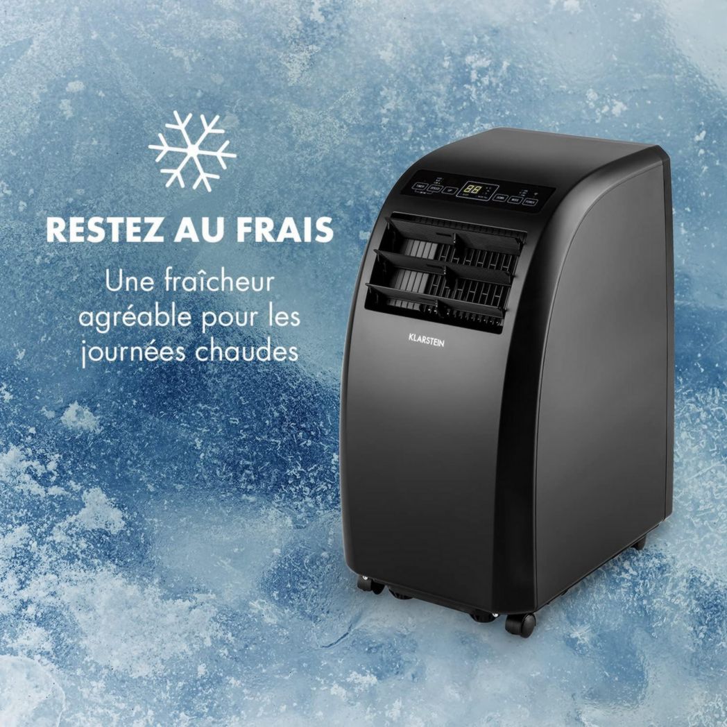 Climatiseur mobile silencieux Klarstein, 4 en 1, mode nuit, déshumidificateur, ventilateur, mini climatiseur basse consommation, évacuation, climatiseur portable, puissant, 10 000 BTU
