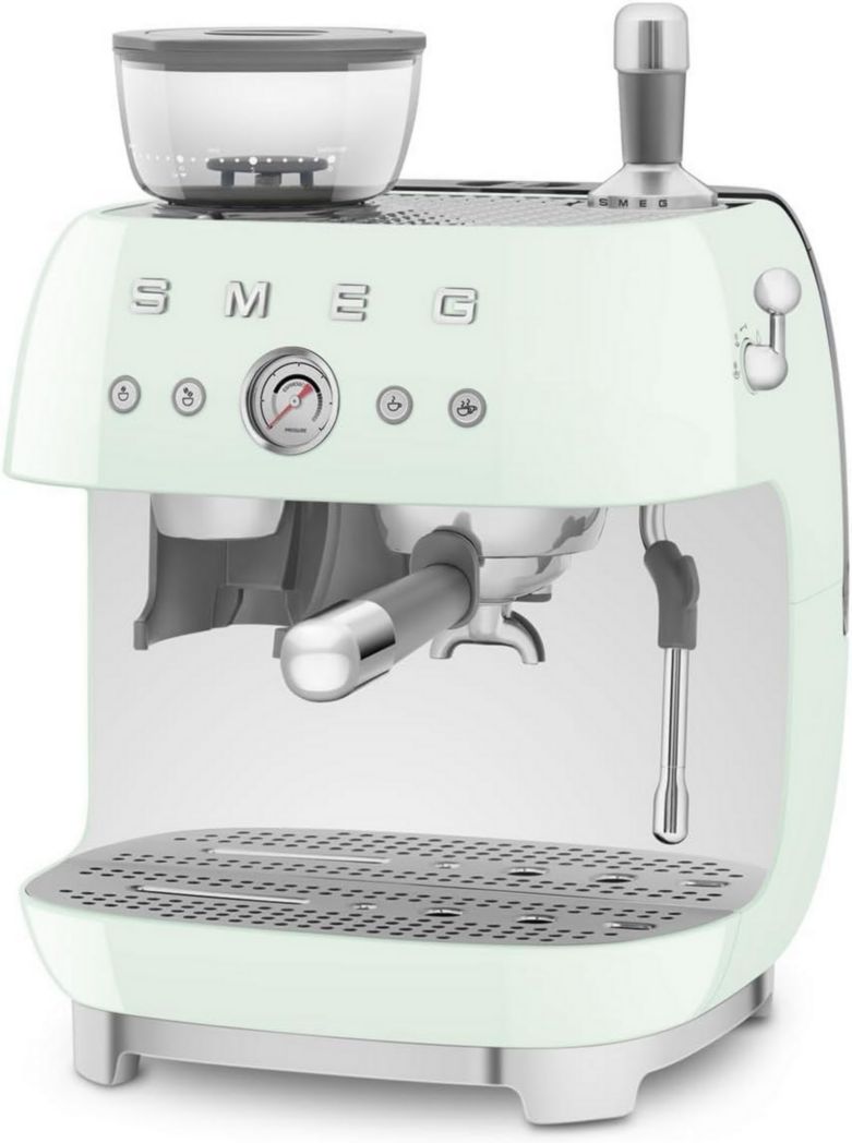 Machine à expresso manuelle Smeg EGF03CREU, avec moulin à grains intégré, thermoblock, 4 niveaux de température, buse vapeur et manomètre, réservoir 1 L, dimensions compactes, 1350 W, couleur crème
