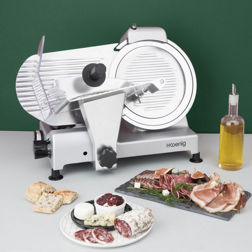 Trancheuse à viande électrique H.Koenig MSX254, Charcuterie, Professionnelle, Précise, Coupe 0-12 mm, Lame 25 cm, Aiguiseur intégré, Grand plateau, 282 tr/min, Rouge
