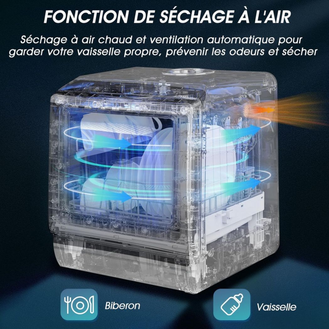 Mini lave-vaisselle de comptoir AIRMSEN, 5+1 programmes, réservoir d'eau de 5 L, commandes tactiles et écran LED, convient aux cuisines familiales, appartements et dortoirs, blanc et noir