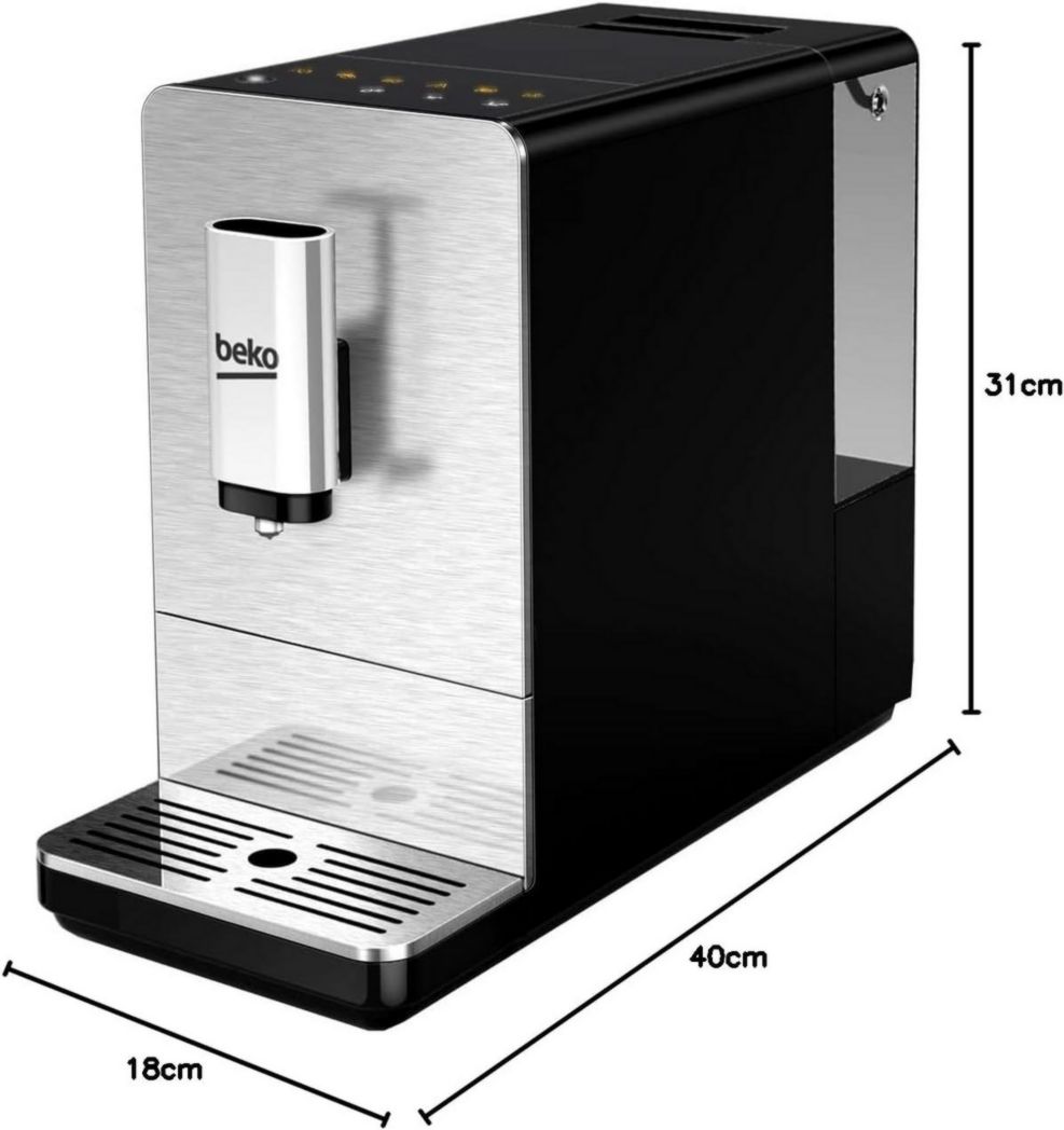 BEKO, Machine à café, expresso automatique, 1350 W / 19 bars, Capacité café : 125 g, Capacité eau : 1,4 L, Système autonettoyant, 5 niveaux de mouture, Arrêt automatique, Façade en acier inoxydable brossé