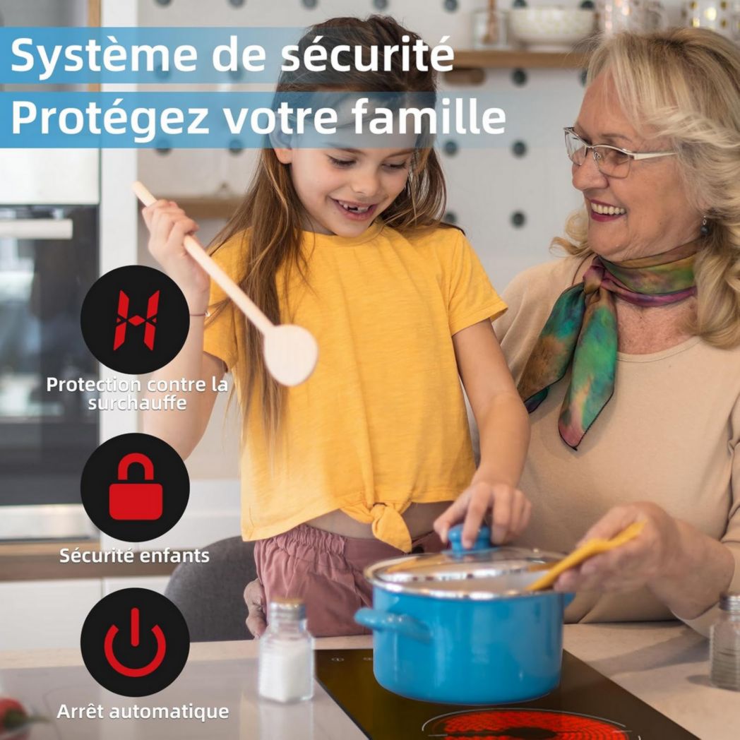 Plaque de cuisson vitrocéramique encastrable 4 feux, WEHIMO 6000W - 59cm - Minuterie, 9 niveaux de puissance, commande tactile, sécurité enfant...