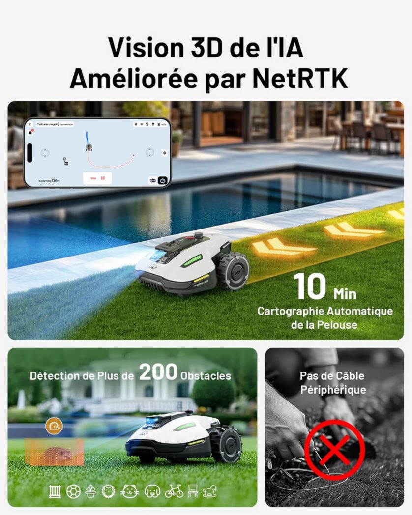 Tondeuse robot sans fil périphérique MAMMOTION YUKA Mini 500, NetRTK+Vision, aucune antenne RTK requise, surface recommandée : 500 m², max. 700 m², pente de 50 %, cartographie automatique, avec module 4G