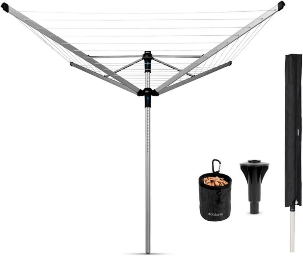 Brabantia - Séchoir à linge Lift-O-Matic - Étendoir à linge d'extérieur - Antidérapant - Résistant aux UV, 60 m - Rotation fluide - Pratique - Douille métallique à planter - Gris métallisé - 295 cm