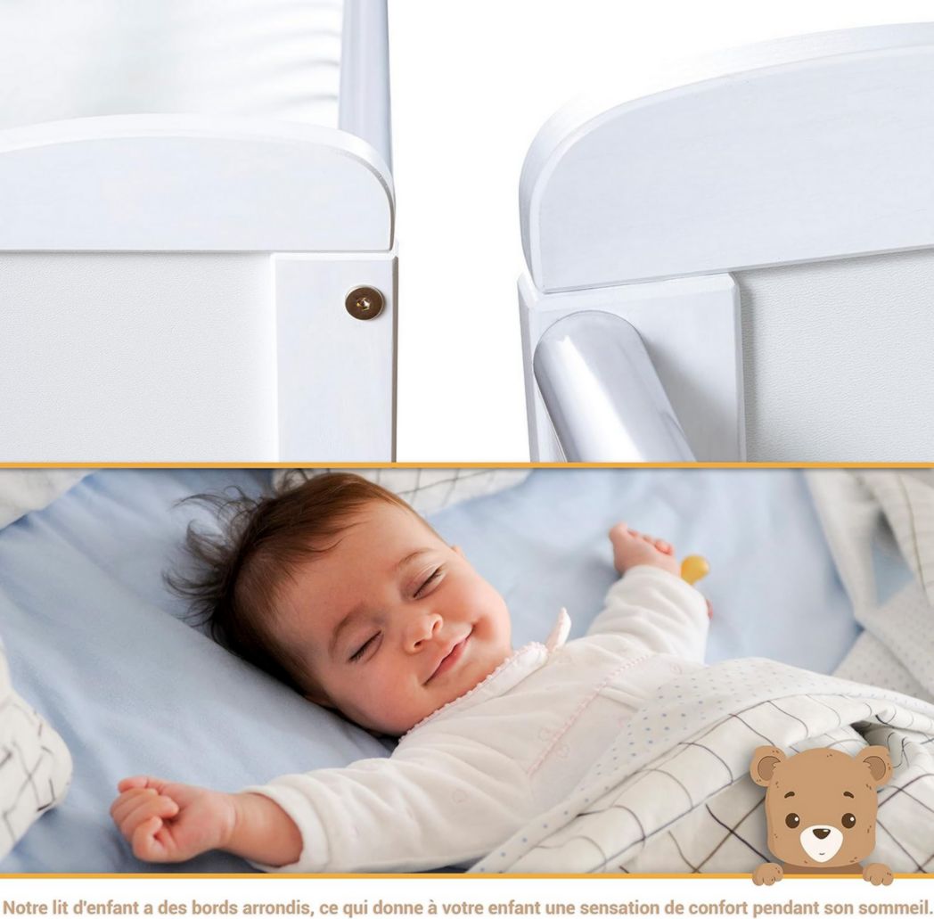 Lit bébé moto-MOLTICO 60x120 cm avec tiroir – Lit en bois réglable en hauteur, transformable en lit enfant avec barrières de sécurité – Lit bébé pour filles et garçons