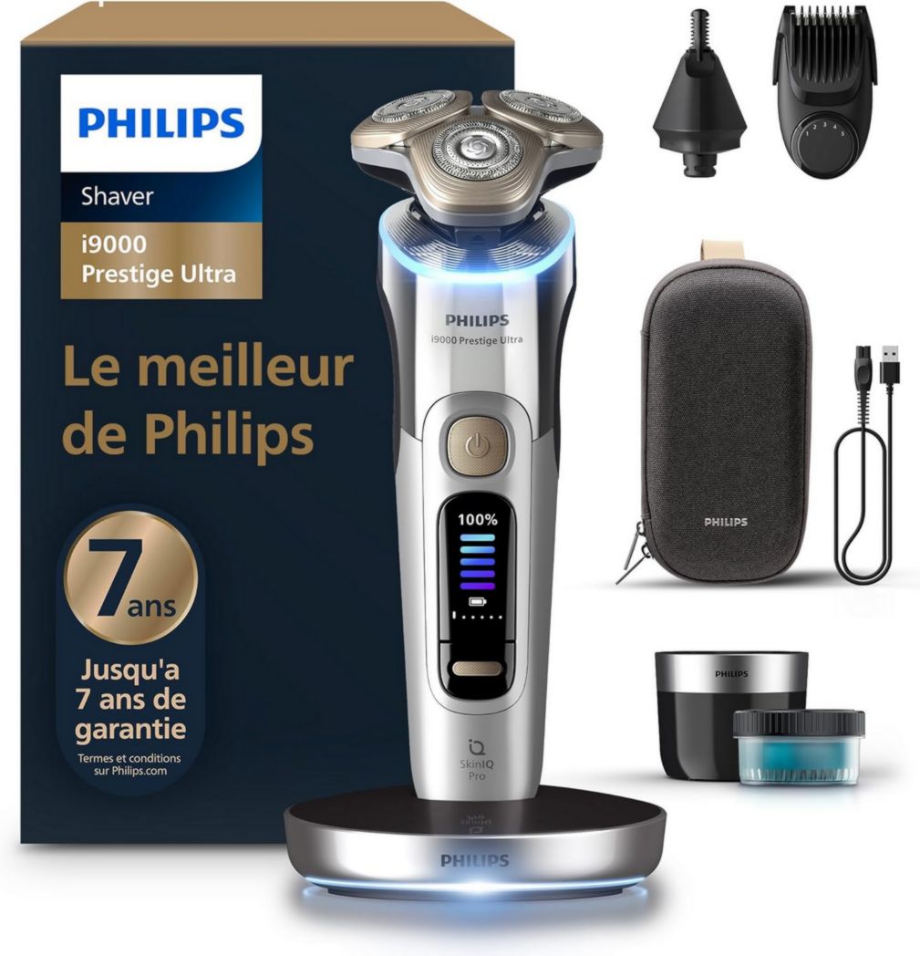 Rasoir Philips i9000 Prestige Ultra, rasoir électrique 100 % étanche, technologie Skin IQ Pro, système Triple Lift & Cut, lames de précision NanoTech rotatives à 360°, 5 modes de rasage, XP9401/38