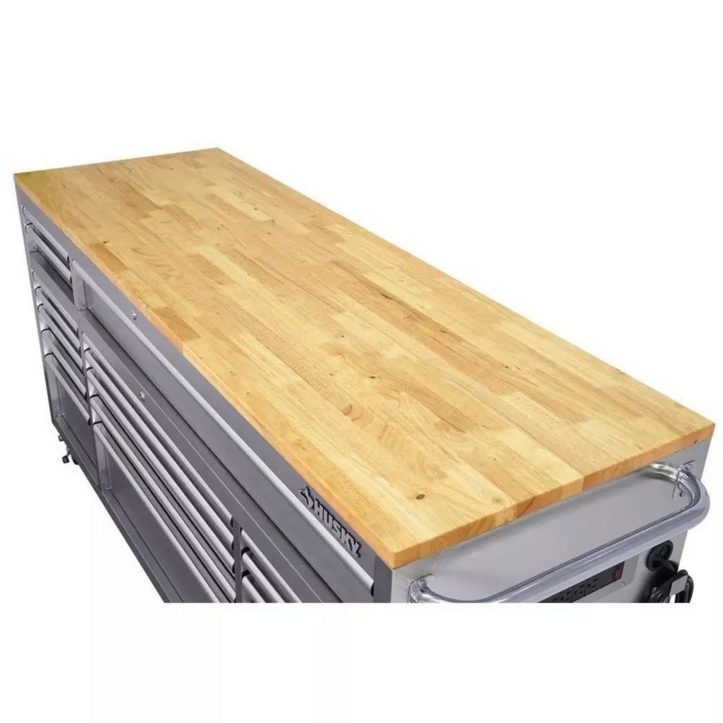 Établi mobile de 72 po, 18 tiroirs et 24 po de profondeur, en bois massif et acier inoxydable