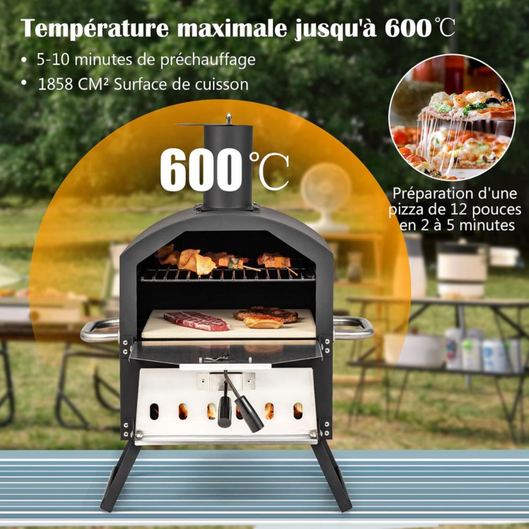 Mini four à pizza d'extérieur GYMAX, four à pizza au feu de bois avec pierre à pizza, pelle à pizza, pieds pliables et poignées portables, ventilateurs réglables, housse étanche