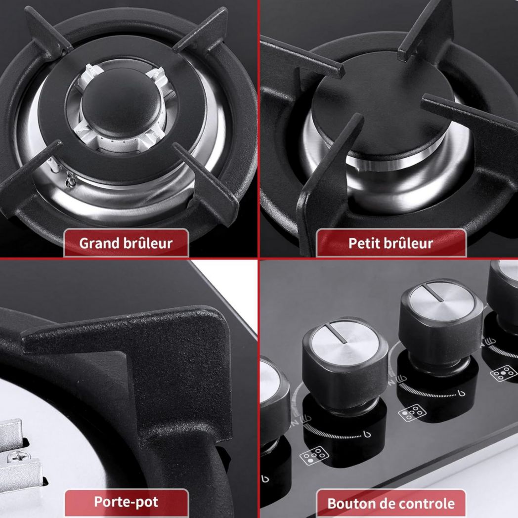 Plaque de cuisson à gaz 4 feux, plaque de cuisson 60 cm - Cuisinière encastrable - Gaz de ville et gaz en bouteille (4 feux - Verre)