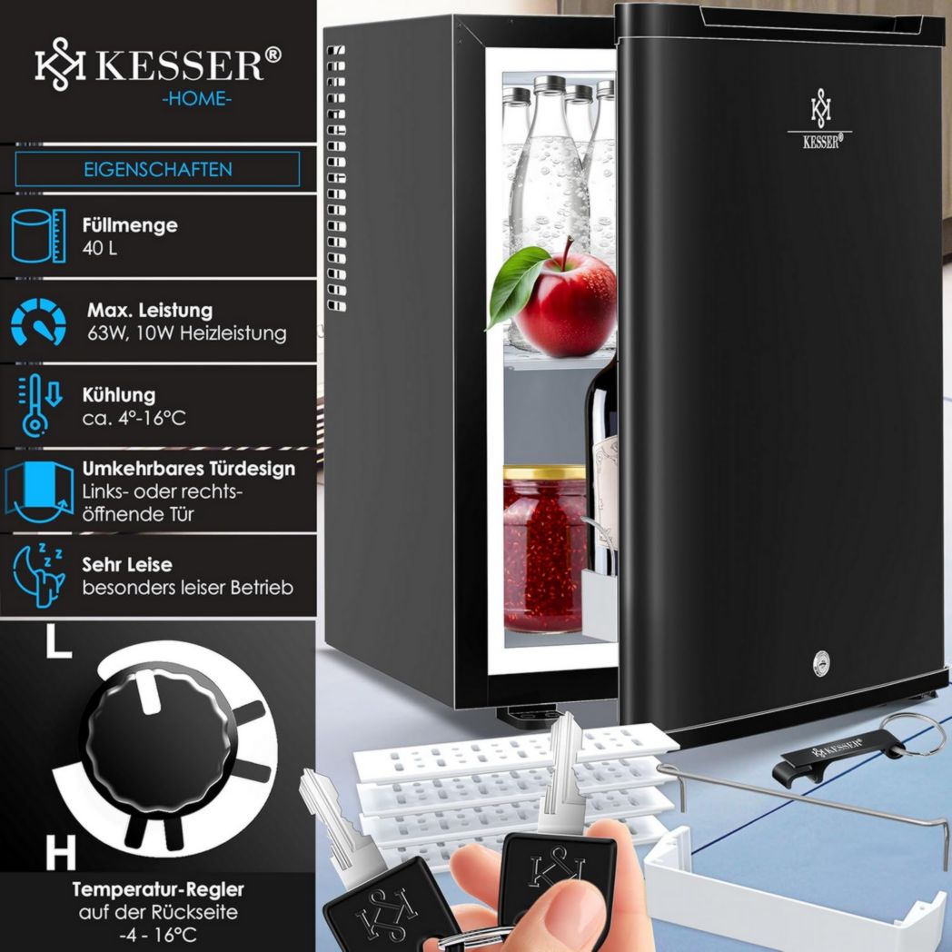 Mini-réfrigérateur KESSER® avec serrure, mini-bar 40 l, silencieux, 22 dB, verrouillable, chambre, butée de porte amovible, environ 4 à 16 °C, hauteur 57 cm, éclairage intérieur