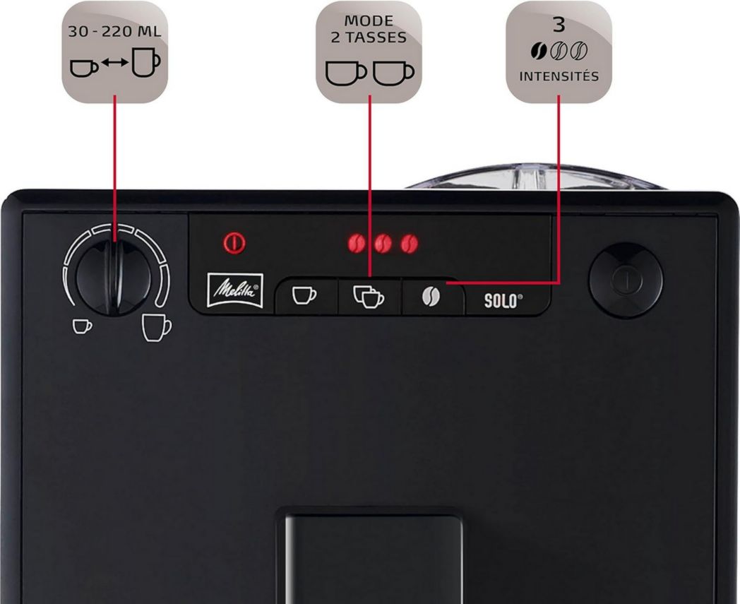 Melitta Caffeo Solo Noir Pure Black, Machine à café à grains avec broyeur et système d'extraction d'arômes, écran LED, mode 1 à 2 tasses, machine à expresso, automatique, E950-222, 1400 W