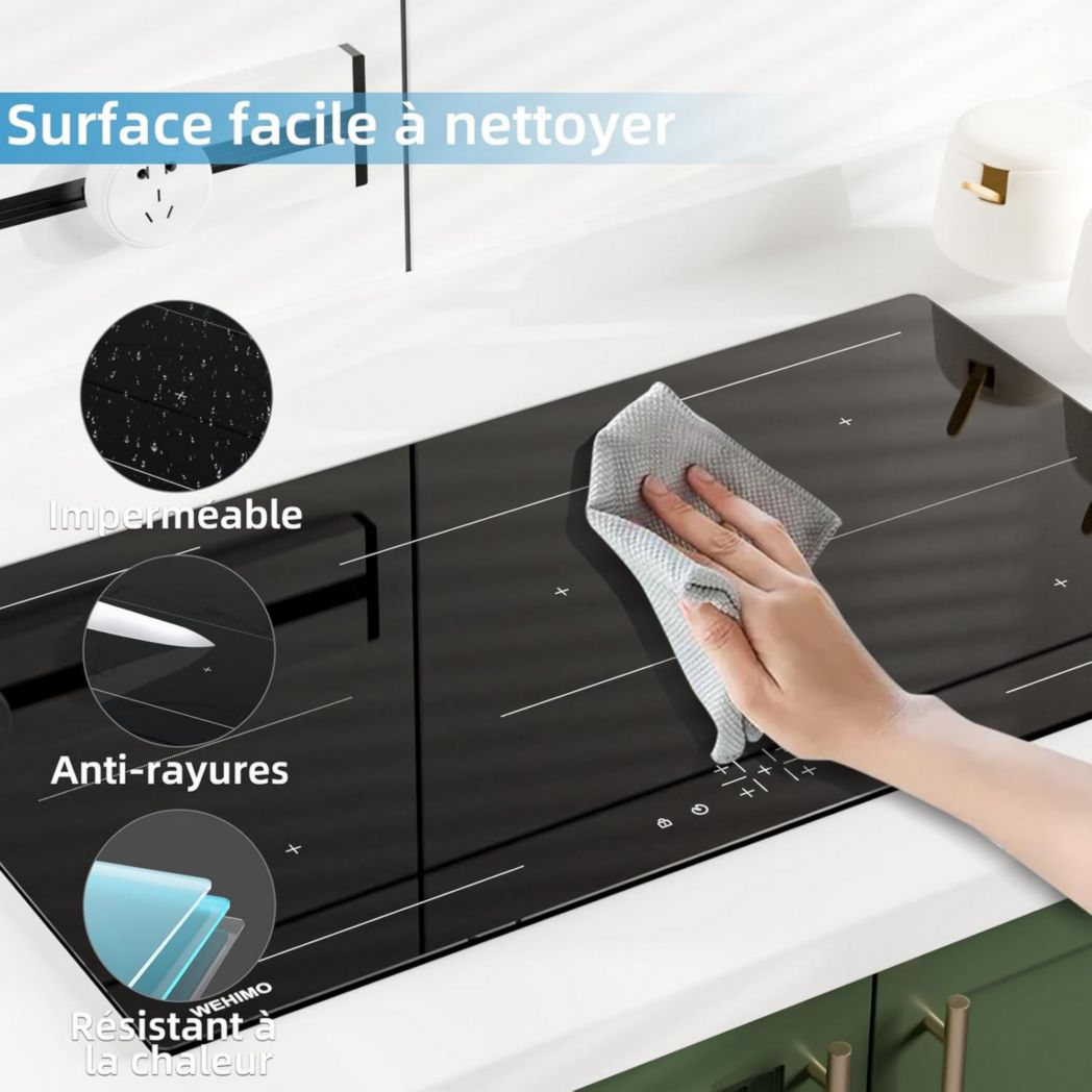 Plaque de cuisson vitrocéramique encastrable 4 feux, WEHIMO 6000W - 59cm - Minuterie, 9 niveaux de puissance, commande tactile, sécurité enfant...