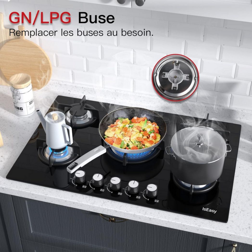 Plaque de cuisson à gaz 4 feux, plaque de cuisson 60 cm - Cuisinière encastrable - Gaz de ville et gaz en bouteille (4 feux - Verre)