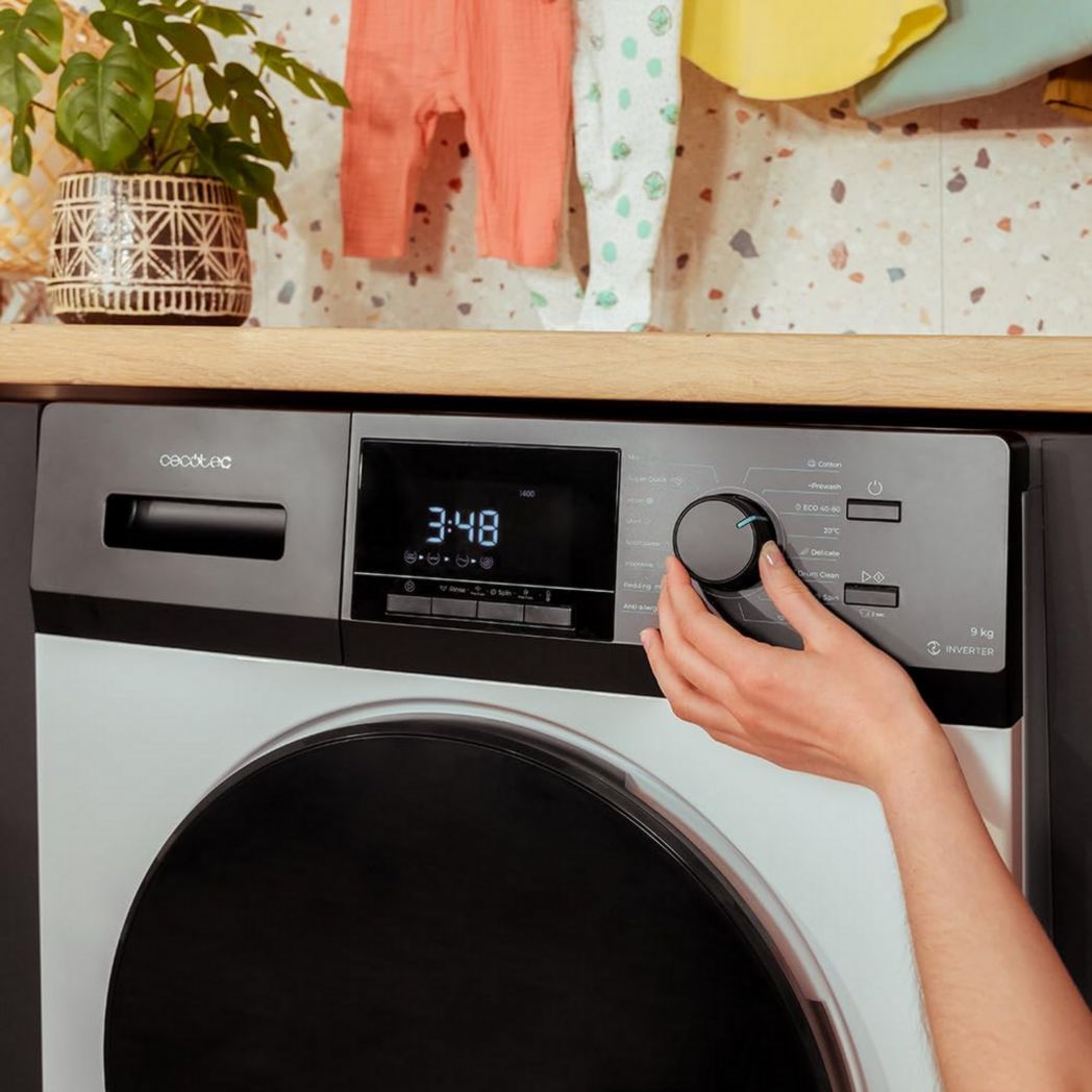 Lave-linge frontal Cecotec Bolero Dresscode 9410 Inverter A 9 kg. Puissance : 1 900 W, 1 400 tr/min réglable, 16 programmes, faible consommation d'énergie, vapeur, stérilisation du linge.