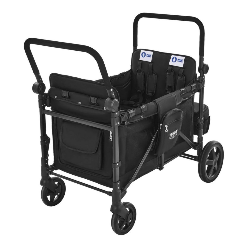 Poussette 4 places VEVOR, pliable, quatre roues, capacité de charge 150 kg, avec poignée réglable, harnais de sécurité 5 points, auvent amovible, pour le camping, noir