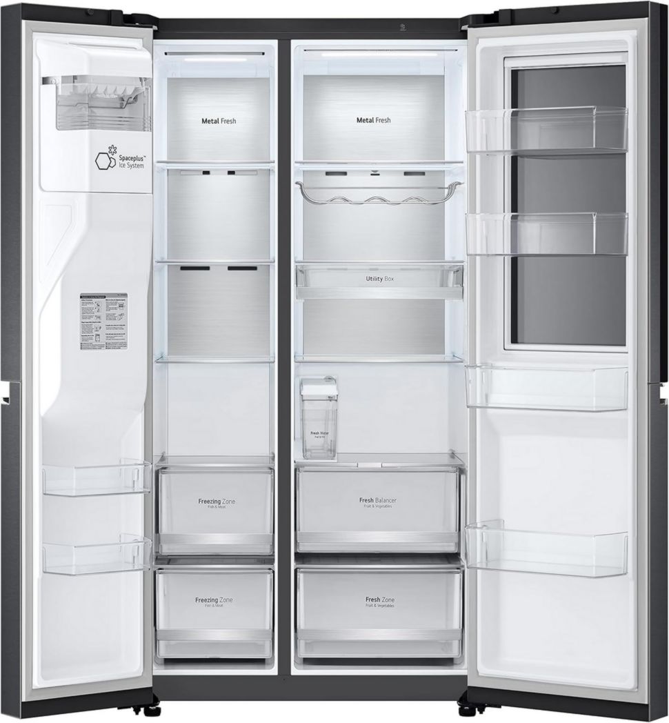 Réfrigérateur combiné LG GSXV91MCAF - Côte à côte, 635 L, InstaView, Total No-Frost, compartiment congélateur, distributeur d'eau et de glaçons UVnano, compresseur à onduleur linéaire, Wi-Fi, noir, classe F