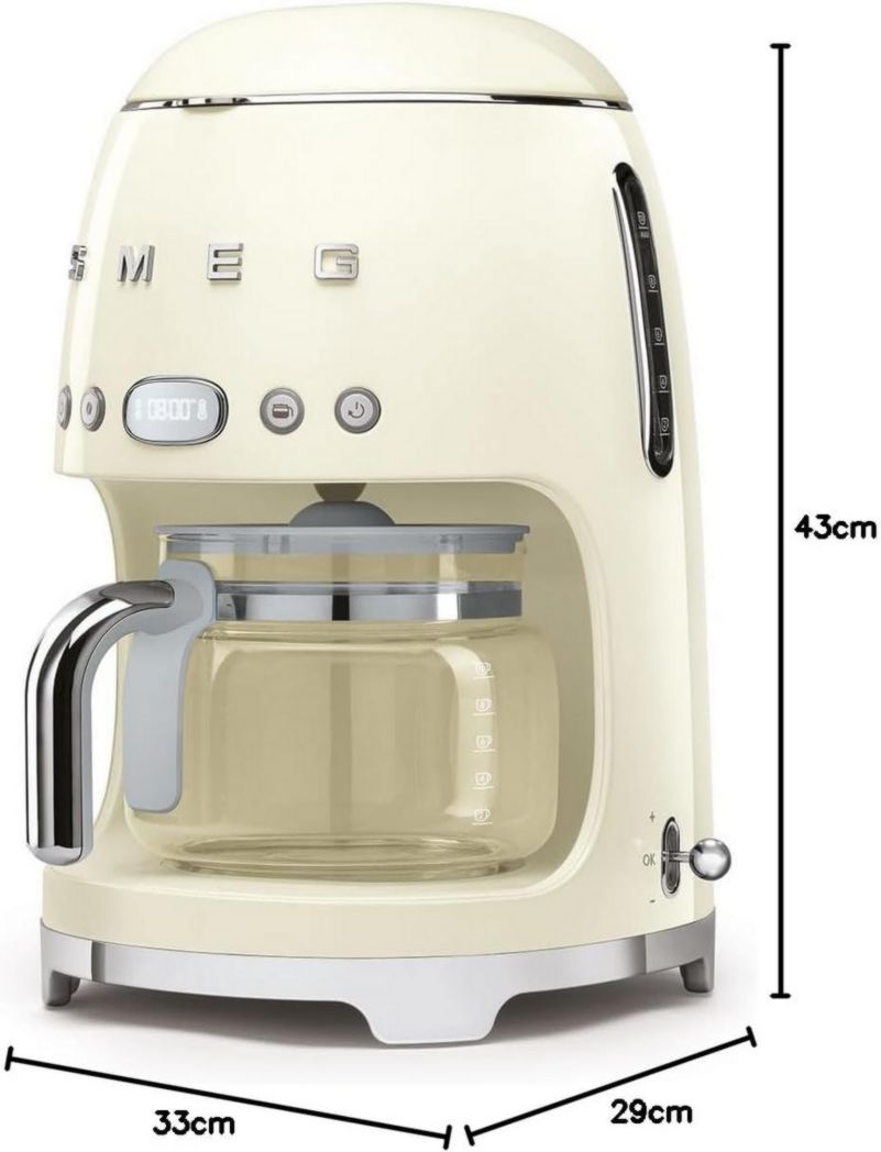 Smeg, DCF02PBEU, cafetière filtre, arôme et démarrage automatique, verseuse en verre jusqu'à 12 tasses, 2 niveaux d'intensité, maintien au chaud, 1050 W, bleu clair pastel