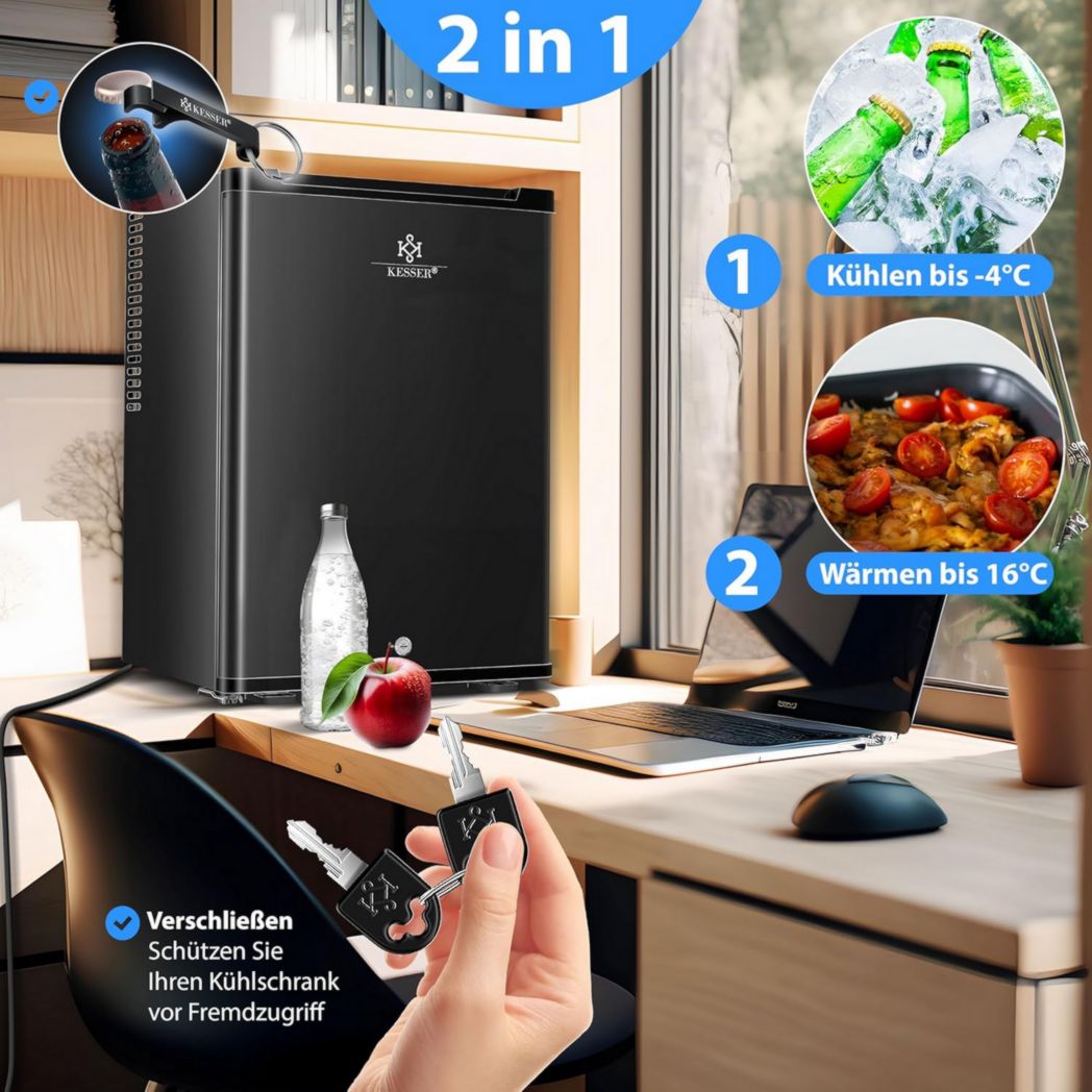 Mini-réfrigérateur KESSER® avec serrure, mini-bar 40 l, silencieux, 22 dB, verrouillable, chambre, butée de porte amovible, environ 4 à 16 °C, hauteur 57 cm, éclairage intérieur