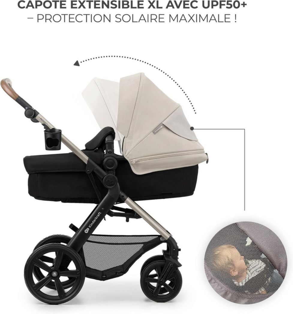 Poussette 3-en-1 Kinderkraft MOOV2, système de voyage de la naissance à 27 kg, siège auto Mink PRO I-Size inclus, pare-soleil extensible avec filtre UPF50+, accessoires pratiques, gris