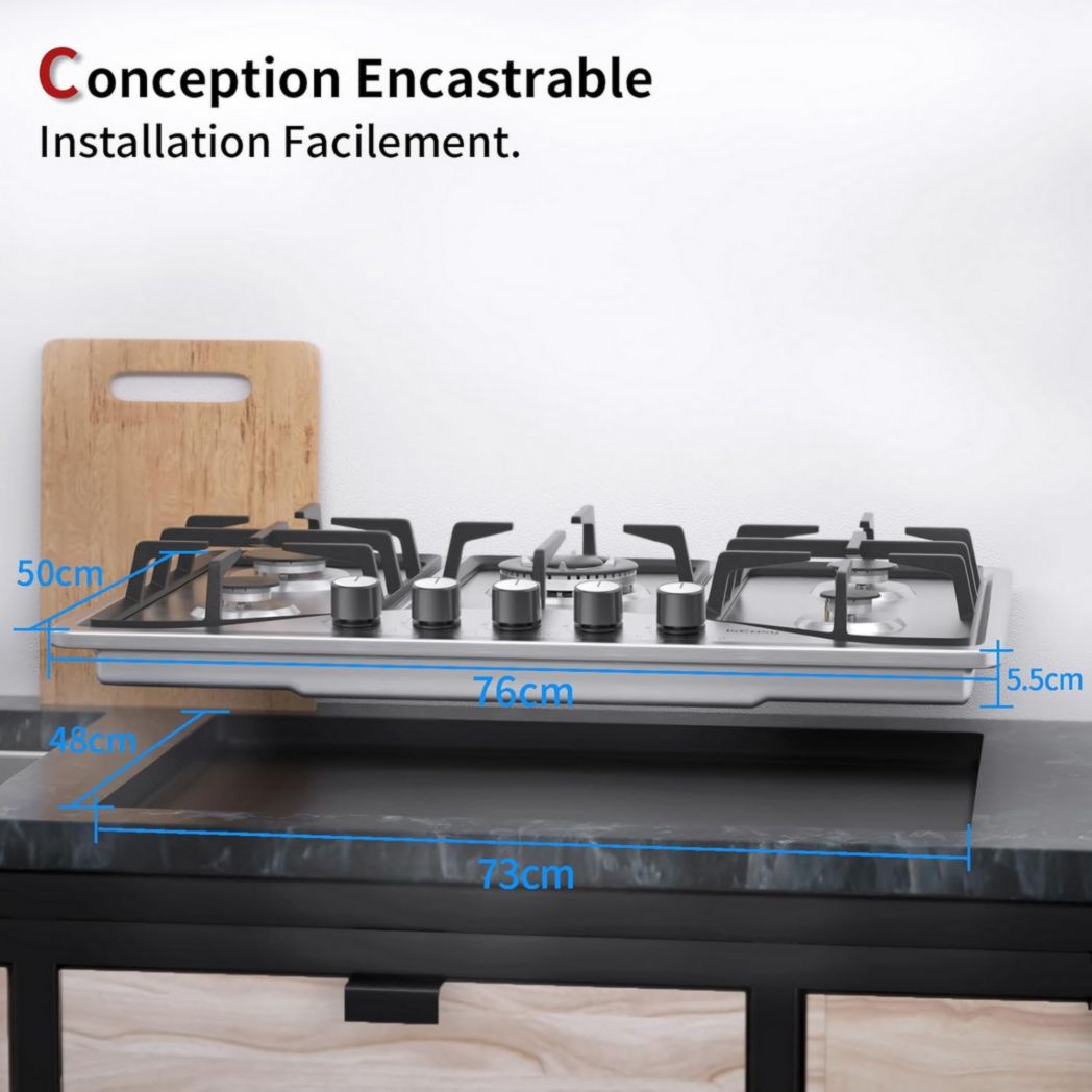 Plaque de cuisson à gaz 4 feux, plaque de cuisson 60 cm - Cuisinière encastrable - Gaz de ville et gaz en bouteille (4 feux - Verre)