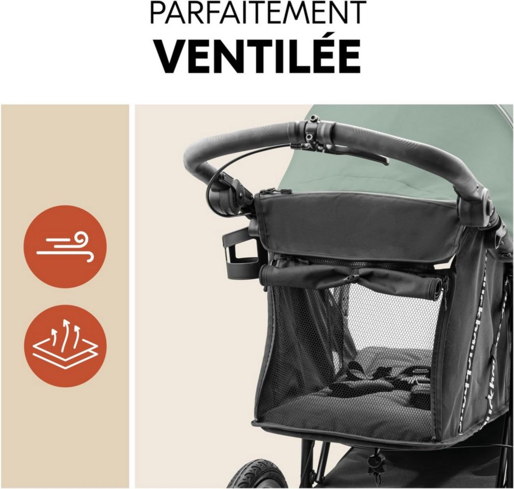 Poussette 3 roues Hauck Runner 3, tout-terrain, roues gonflables XL, jusqu'à 22 kg, frein à main, suspension, capote UPF 50+, pliable, panier, position allongée, porte-gobelet (vert jungle)