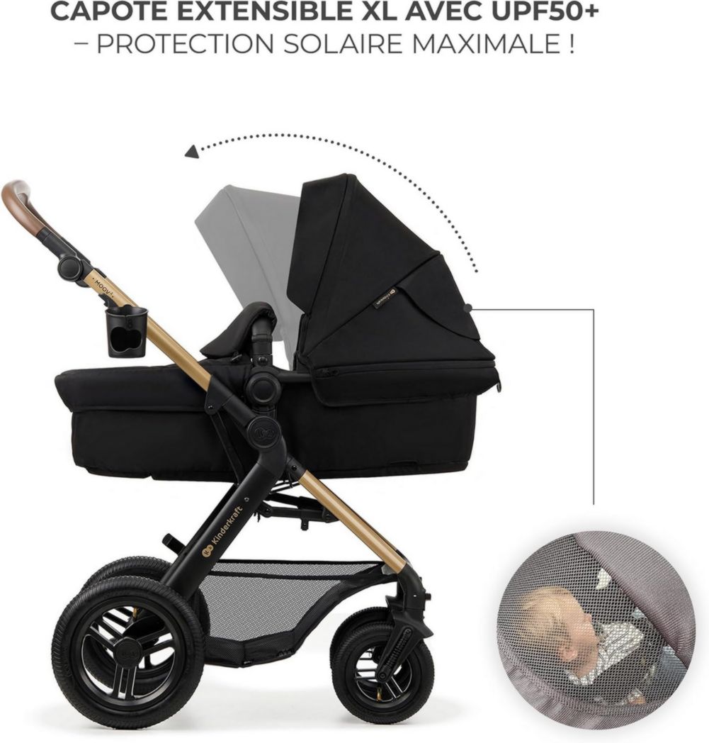 Poussette 3-en-1 Kinderkraft MOOV2, système de voyage de la naissance à 27 kg, siège auto Mink PRO I-Size inclus, pare-soleil extensible avec filtre UPF50+, accessoires pratiques, gris