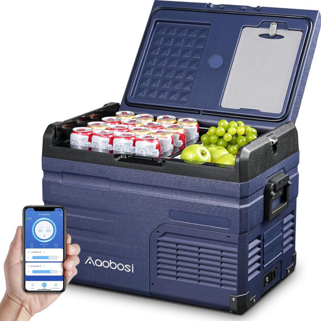 Glacière à compresseur AAOBOSI 46 L, glacière électrique à deux zones, 12 V/24 V et 100-240 V, réfrigérateur de camping, -20 °C à 20 °C, pour voiture, camion, bateau, camping-car